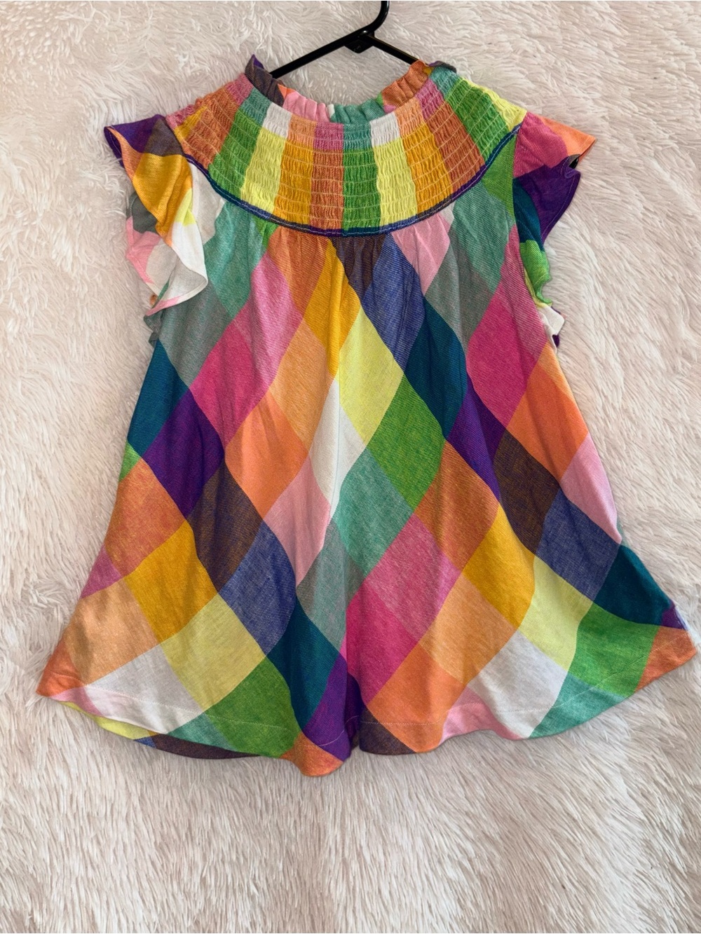 Crown & Ivy Rainbow Plaid Smocked Neck Flutter Sleeve Top Medium